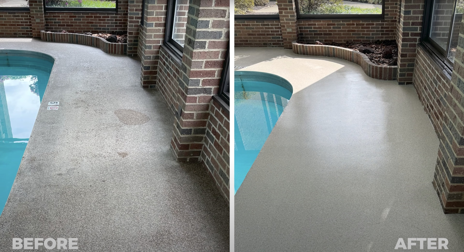 Professional pool deck concrete resurfacing by Haltom City Concrete - Complete surface restoration Before and after concrete pool deck resurfacing showing transformation from worn surface to smooth finish